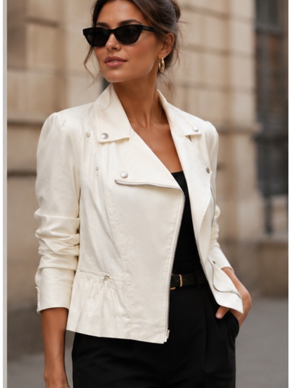 NWT SANDRO WHITE MOTO Zip Up Asymmetrical JACKET SIZE XL French girl, preppy